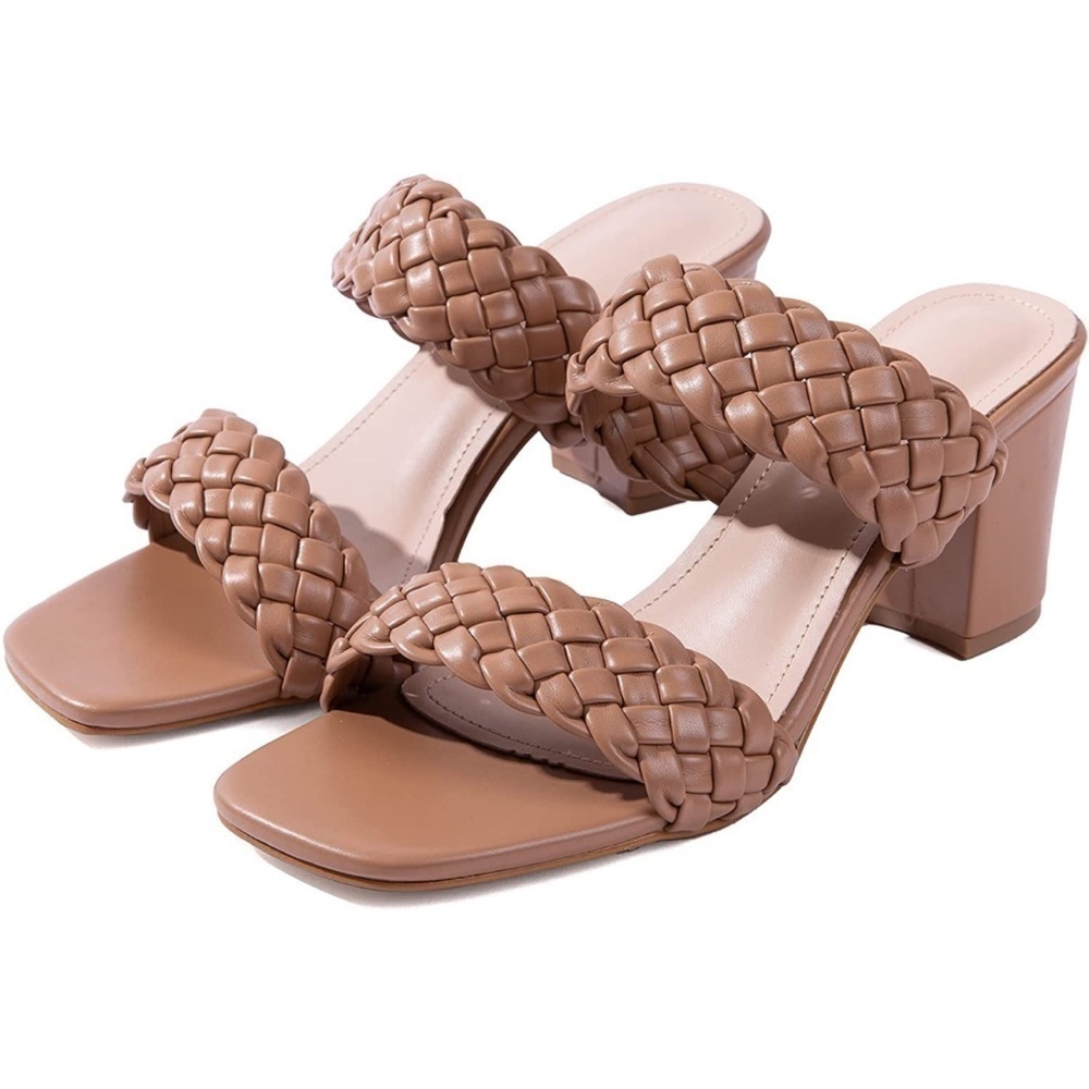 Women’s Woven Chunky Braided Sandel Heels. Nude Square Toes Leather Comfortable